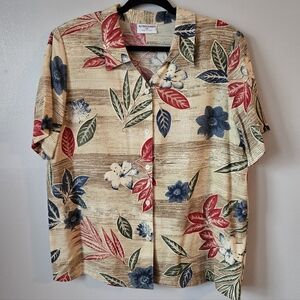 Alfred Dunner Tropical Floral Button Down Top Tan Red Blue Summer Vacation